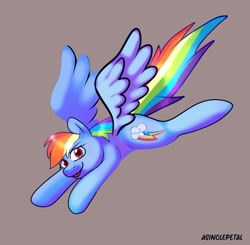 Size: 2048x2007 | Tagged: safe, artist:asinglepetal, pegasus, pony, g4, beige background, female, flying, looking at you, mare, signature, simple background, smiling, solo, spread wings, sticker design, tail, wings