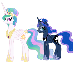 Size: 900x792 | Tagged: safe, artist:moondeer1616, princess celestia, princess luna, alicorn, g4, crystallized, deviantart watermark, duo, duo female, female, jewelry, mare, obtrusive watermark, redesign, regalia, royal sisters, siblings, simple background, sisters, transparent background, watermark