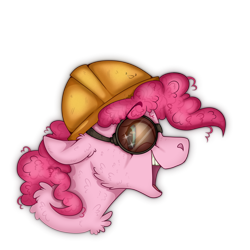 Size: 2300x2300 | Tagged: safe, artist:molars, pinkie pie, earth pony, pony, g4, bust, commission, engineer, engineer (tf2), eyebrows, eyebrows visible through hair, fluffy mane, goggles, helmet, pink, portrait, simple background, smiling, solo, team fortress 2, transparent background