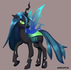 Size: 2048x2007 | Tagged: safe, artist:asinglepetal, queen chrysalis, changeling, changeling queen, g4, beige background, female, looking at you, raised hoof, signature, simple background, slit pupils, solo, spread wings, sticker design, tail, wings
