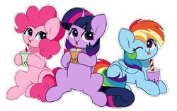 Size: 5347x3348 | Tagged: safe, artist:kittyrosie, pinkie pie, rainbow dash, twilight sparkle, alicorn, earth pony, pegasus, pony, g4, :p, absurd resolution, bubble tea, cute, dashabetes, diapinkes, drink, drinking straw, female, folded wings, horn, looking at you, lying down, mare, one eye closed, prone, simple background, sitting, smiling, smiling at you, straw, tongue out, transparent background, trio, trio female, twiabetes, twilight sparkle (alicorn), wings, wink, winking at you