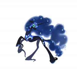 Size: 1900x1900 | Tagged: safe, artist:koidial, nightmare moon, pony, unicorn, g4, armor, concave belly, ethereal mane, ethereal tail, female, full body, helmet, horn, long horn, mare, rearing, simple background, slender, slit pupils, solo, tail, thin, white background, wingless