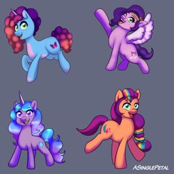 Size: 2048x2048 | Tagged: safe, artist:asinglepetal, izzy moonbow, misty brightdawn, pipp petals, sunny starscout, earth pony, pegasus, pony, unicorn, g5, bracelet, female, friendship bracelet, gray background, horn, jewelry, looking at you, mane stripe sunny, mare, one eye closed, open mouth, open smile, raised hoof, raised leg, rebirth misty, signature, simple background, smiling, spread wings, sticker design, tail, wings, wink, winking at you
