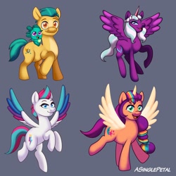 Size: 2048x2048 | Tagged: safe, artist:asinglepetal, hitch trailblazer, opaline arcana, sparky sparkeroni, sunny starscout, zipp storm, alicorn, dragon, earth pony, pegasus, pony, dragon dad, g5, my little pony: tell your tale, artificial horn, artificial wings, augmented, female, flying, gray background, horn, horns, looking at you, magic, magic horn, magic wings, male, mane stripe sunny, mare, open mouth, open smile, race swap, raised hoof, raised leg, riding, riding a pony, signature, simple background, sitting, smiling, spread wings, stallion, sticker design, sunnycorn, tail, wings