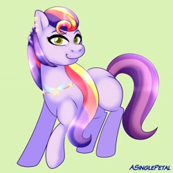 Size: 2048x2048 | Tagged: safe, artist:asinglepetal, sunny starscout's mother, earth pony, pony, g5, my little pony: tell your tale, written in the starscouts, spoiler:g5, spoiler:my little pony: tell your tale, spoiler:tyts02e11, ear piercing, female, green background, jewelry, looking at you, mare, necklace, piercing, raised hoof, signature, simple background, smiling, smiling at you, solo, tail