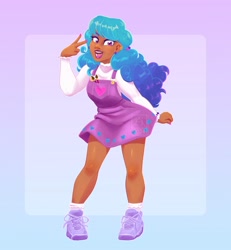 Size: 1992x2160 | Tagged: safe, artist:bluefeathercat, izzy moonbow, human, g5, 2024, bracelet, clothes, ear piercing, earring, friendship bracelet, gradient background, humanized, jewelry, looking at you, moderate dark skin, open mouth, open smile, peace sign, piercing, shoes, smiling, socks, solo