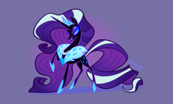 Size: 4000x2400 | Tagged: safe, artist:janegumball, nightmare rarity, pony, unicorn, eternal night au (janegumball), g4, crown, female, fur collar, grin, high res, horn, jewelry, lidded eyes, long mane, long tail, mare, necklace, pearl necklace, purple background, raised hoof, regalia, signature, simple background, smiling, solo, tail