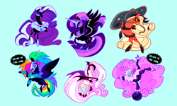 Size: 4000x2400 | Tagged: safe, artist:janegumball, applejack, fluttershy, nightmare rarity, pinkie pie, rainbow dash, rarity, twilight sparkle, alicorn, bat pony, earth pony, pegasus, pony, unicorn, eternal night au (janegumball), g4, applejack's hat, armor, balancing, ball, bandana, bandit mask, bat ponified, bite mark, black coat, blonde mane, blonde tail, blue background, blue eyes, blue sclera, blue teeth, blue text, boots, bracer, clothes, clown makeup, clown outfit, collar, colored eyelashes, colored pupils, colored sclera, colored teeth, colored wings, cowboy boots, cowboy hat, curly mane, curly tail, cyan background, domino mask, enamel pin, ethereal mane, ethereal tail, evil smile, face paint, fangs, female, flexible, flutterbat, flying, for sale, fur collar, glowing, glowing eyes, glowing mane, glowing tail, glowing text, grin, group, handstand, hat, helmet, high res, hoof on chest, hoof shoes, horn, jacket, jester, jester outfit, jester pie, jewelry, lasso, lidded eyes, light blue background, long horn, long legs, long mane, long neck, long tail, looking at you, mane six, mare, multicolored hair, narrowed eyes, necklace, nightmare applejack, nightmare fluttershy, nightmare mane six, nightmare pinkie, nightmare rainbow dash, nightmare twilight, nightmarified, no catchlights, orange coat, partially open wings, pearl necklace, peytral, pin design, pink coat, pink eyes, pink mane, pink tail, ponytail, purple eyelashes, purple eyes, race swap, rainbow hair, rainbow tail, raised hoof, rearing, regalia, rope, ruffles, sextet, shoes, shrunken pupils, simple background, slit pupils, smiling, smiling at you, sparkly mane, sparkly tail, spiked collar, spiky mane, spiky tail, spread wings, spurs, standing, stars, straight mane, straight tail, tail, tall, teal background, teal sclera, text, thin legs, tied mane, tied tail, tongue out, twilight sparkle (alicorn), two toned wings, unicorn horn, upside down, wall of tags, wavy mane, wavy tail, wide eyes, wings, yellow teeth