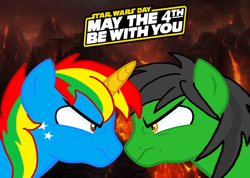 Size: 828x591 | Tagged: safe, artist:shieldwingarmorofgod, oc, oc only, oc:shield wing, oc:star armour, alicorn, pegasus, duo, male, may the fourth be with you, star wars