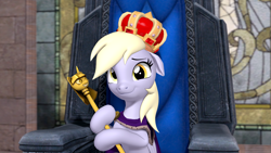 Size: 3840x2160 | Tagged: safe, artist:owlpirate, derpy hooves, pegasus, pony, g4, 3d, 4k, bust, crown, cute, derpabetes, female, floppy ears, high res, hoof hold, jewelry, looking at you, mare, queen derpy, regalia, scepter, sitting, smiling, smiling at you, solo, source filmmaker, throne, twilight scepter