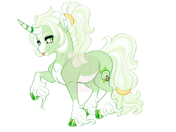 Size: 4000x3000 | Tagged: safe, artist:gigason, oc, oc only, oc:latifolia lime, pony, unicorn, >:p, blaze (coat marking), cloven hooves, coat markings, colored hooves, colored horn, colored pinnae, curved horn, facial markings, gradient hooves, green eyes, hoof polish, horn, lidded eyes, long feather, long fetlocks, male, obtrusive watermark, offspring, pale belly, parent:crackle cosette, parent:oc:voltage, parents:canon x oc, ponytail, raised hoof, shiny hooves, simple background, socks (coat markings), solo, stallion, striped horn, tongue out, torn ear, transparent background, unicorn oc, watermark