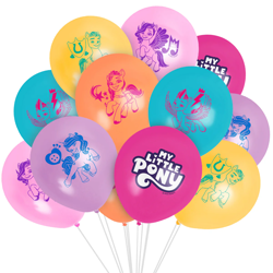 Size: 1200x1200 | Tagged: safe, hitch trailblazer, izzy moonbow, pipp petals, sunny starscout, zipp storm, earth pony, pegasus, pony, unicorn, g5, official, balloon, horn, mane five, merchandise, my little pony logo, simple background, white background