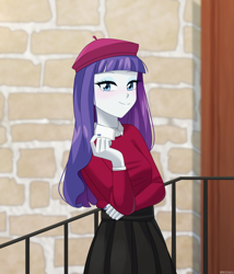 Size: 1050x1225 | Tagged: safe, artist:riouku, rarity, human, equestria girls, g4, 2d, bangs, breasts, clothes, collar, commission, eyeshadow, female, fingernails, long sleeved shirt, long sleeves, looking at you, makeup, nail polish, nails, outdoors, pleated skirt, shirt, skirt, smiling, smiling at you