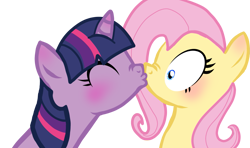 Size: 1163x687 | Tagged: safe, artist:trixxiefloof, fluttershy, twilight sparkle, pegasus, pony, unicorn, g4, blue eyes, blushing, boop, duo, eyes closed, female, horn, kiss on the lips, kissing, lesbian, mare, nose wrinkle, noseboop, ship:twishy, shipping, simple background, transparent background, unicorn twilight, wide eyes