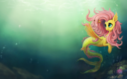 Size: 1680x1050 | Tagged: safe, artist:br0ny, fluttershy, hippocampus, merpony, seapony (g4), g4, clownfish, female, mare, seaponified, seapony fluttershy, solo, species swap, underwater, wallpaper, water, watershy
