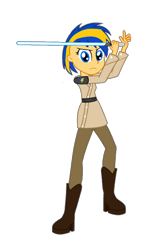 Size: 654x1005 | Tagged: safe, artist:mlpfan3991, oc, oc:flare spark, human, equestria girls, g4, clothes, female, jedi, lightsaber, may the fourth be with you, simple background, solo, star wars, transparent background, weapon