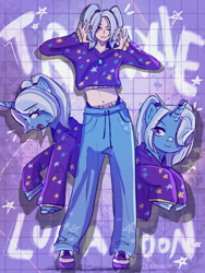 Size: 1620x2160 | Tagged: safe, artist:aliennella, trixie, human, pony, unicorn, alternate hairstyle, babysitting, belly button, clothes, cute, diatrixes, eyeshadow, female, hoodie, horn, human ponidox, humanized, makeup, mare, midriff, nail polish, one eye closed, open mouth, pajamas, pants, self paradox, self ponidox, shoes, sneakers, sweatpants, unshorn fetlocks, wink