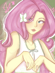 Size: 1620x2160 | Tagged: safe, artist:aliennella, fluttershy, equestria girls, g4, bare shoulders, blushing, clothes, cute, female, lipstick, makeup, shyabetes, sleeveless, solo, tank top