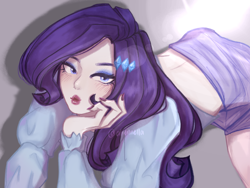 Size: 2160x1620 | Tagged: safe, artist:aliennella, rarity, human, equestria girls, g4, adult, adult female, alternate hairstyle, beautiful, bedroom eyes, clothes, cute, eyeshadow, female, hair accessory, hairpin, humanized, korean, light skin, lipstick, long sleeved shirt, long sleeves, makeup, midriff, nail polish, photo shoot, purple hair, raribetes, sexy, shirt, skirt, solo, solo female, woman, young