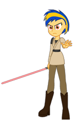 Size: 654x1005 | Tagged: safe, artist:mlpfan3991, oc, oc only, oc:flare spark, human, equestria girls, g4, female, jedi, lightsaber, may the fourth be with you, simple background, solo, star wars, transparent background, weapon