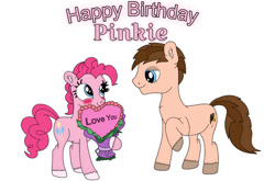 Size: 827x546 | Tagged: safe, artist:thebronypony123, pinkie pie, oc, oc:braden, earth pony, g4, female, happy birthday, male, mare, simple background, stallion, white background