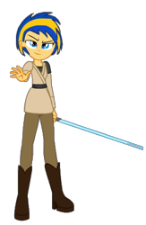 Size: 654x1005 | Tagged: safe, artist:mlpfan3991, oc, oc only, oc:flare spark, human, equestria girls, g4, female, jedi, lightsaber, may the fourth be with you, simple background, smiling, solo, star wars, transparent background, weapon