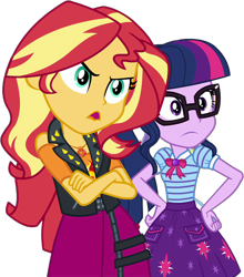 Size: 3248x3696 | Tagged: safe, editor:cutler1228, sci-twi, sunset shimmer, twilight sparkle, human, equestria girls, equestria girls specials, g4, my little pony equestria girls: rollercoaster of friendship, angry, arms, blouse, bowtie, breasts, bust, clothes, crossed arms, female, frown, geode of empathy, geode of telekinesis, glasses, hand, hand on hip, leather, leather vest, long hair, magical geodes, open mouth, ponytail, shirt, shoulderless, simple background, skirt, talking, teenager, transparent background, unhappy, vest