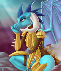 Size: 4500x5261 | Tagged: safe, artist:artkadia, princess ember, dragon, g4, absurd resolution, armor, badlands, bored, claws, crepuscular rays, digital art, dragon armor, dragon lord ember, dragon wings, dragoness, eyeshadow, female, golden armor, horns, lidded eyes, logo, makeup, red eyes, scales, sitting, sky, solo, spikes, spread wings, sunlight, unamused, watermark, wings