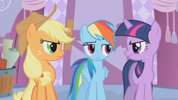 Size: 1280x720 | Tagged: safe, edit, edited screencap, editor:twilyisbestpone, screencap, applejack, rainbow dash, twilight sparkle, earth pony, pegasus, pony, unicorn, g4, season 1, suited for success, applejack is not amused, carousel boutique, eyebrows, female, frown, horn, inverted mouth, lidded eyes, mare, nose wrinkle, raised eyebrow, smiling, trio, trio female, twilight sparkle is not amused, unamused, unicorn twilight