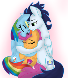 Size: 1961x2239 | Tagged: safe, artist:bleedingwings12, rainbow dash, scootaloo, soarin', pegasus, pony, g4, adopted offspring, family, female, filly, foal, hug, male, mare, parent:rainbow dash, parent:soarin', parents:soarindash, scootadoption, scootalove, ship:soarindash, shipping, stallion, straight, trio