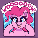 Size: 1600x1600 | Tagged: safe, artist:graphene, pinkie pie, earth pony, pony, g4, cute, dialogue, diapinkes, female, happy, looking at you, mare, open mouth, open smile, smiling, solo