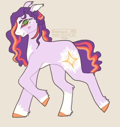 Size: 974x1027 | Tagged: safe, artist:venus_ai_, sunny starscout's mother, earth pony, pony, g5, my little pony: tell your tale, written in the starscouts, spoiler:g5, spoiler:my little pony: tell your tale, spoiler:tyts02e11, blush lines, blushing, coat markings, female, mare, raised hoof, signature, simple background, smiling, socks (coat markings), solo, tail, tan background, unshorn fetlocks