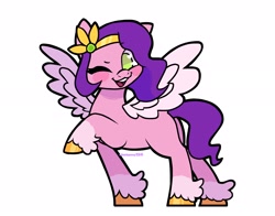 Size: 2048x1602 | Tagged: safe, artist:micahpony124, pipp petals, pegasus, pony, g5, blush sticker, blushing, female, looking at you, mare, one eye closed, open mouth, open smile, raised hoof, signature, simple background, smiling, solo, spread wings, tail, unshorn fetlocks, white background, wings, wink, winking at you