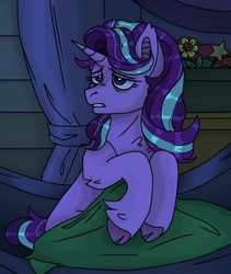 Size: 1600x1900 | Tagged: safe, artist:cluterdrop, starlight glimmer, pony, unicorn, g4, bags under eyes, bed mane, blanket, cloven hooves, female, hammock, horn, lidded eyes, mare, sitting up, solo, trixie's wagon, wagon