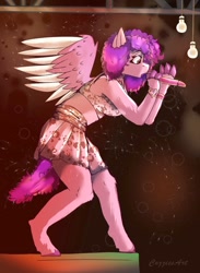 Size: 1086x1480 | Tagged: safe, artist:cozziesart, ruby jubilee, pegasus, anthro, unguligrade anthro, g5, clothes, commission, female, finger hooves, microphone, midriff, open mouth, signature, singing, skirt, solo, spread wings, tail, wings, wristband