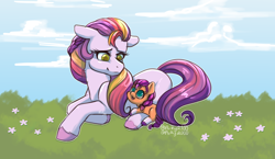 Size: 2024x1172 | Tagged: safe, artist:arky2000, sunny starscout, sunny starscout's mother, earth pony, pony, g5, my little pony: tell your tale, written in the starscouts, spoiler:g5, spoiler:my little pony: tell your tale, spoiler:tyts02e11, cloud, duo, duo female, female, filly, filly sunny starscout, floppy ears, flower, grass, grass field, looking at each other, looking at someone, looking up, lying down, mare, open mouth, open smile, outdoors, prone, signature, smiling, tail, unshorn fetlocks, younger