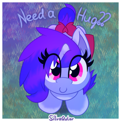 Size: 4000x4000 | Tagged: safe, artist:silvaqular, oc, oc only, oc:qular, pony, unicorn, absurd resolution, bow, colorful, friendly, gradient background, gradient hooves, gradient mane, high angle, horn, hug, looking at you, looking up, looking up at you, offering, shading, solo, tail, tail bow