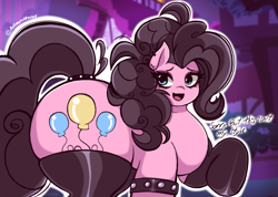 Size: 2341x1667 | Tagged: safe, artist:artmorheart, pinkie pie, earth pony, pony, g4, alternate hairstyle, balloonbutt, bracelet, butt, clothes, dialogue, dyed mane, ear piercing, goth, gothic, jewelry, large butt, open mouth, open smile, piercing, raised hoof, ring, small head, smiling, solo, stockings, tail, tail ring, talking, thigh highs, wide hips