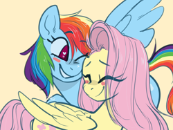Size: 2000x1500 | Tagged: safe, artist:goshhhh, fluttershy, rainbow dash, pegasus, pony, g4, blush sticker, blushing, cute, daaaaaaaaaaaw, dashabetes, duo, duo female, eye clipping through hair, eyebrows, eyebrows visible through hair, eyes closed, female, grin, heart, heart eyes, lesbian, mare, one eye closed, ship:flutterdash, shipping, shyabetes, signature, simple background, smiling, snuggling, wingding eyes, wings, yellow background