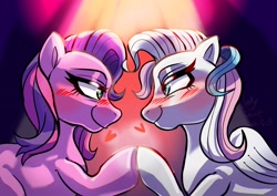 Size: 1754x1240 | Tagged: safe, artist:jully-park, skywishes, star catcher, earth pony, pegasus, pony, g3, blushing, duo, duo female, female, floating heart, folded wings, heart, lesbian, looking at each other, looking at someone, mare, ship:skycatcher, shipping, smiling, smiling at each other, wings