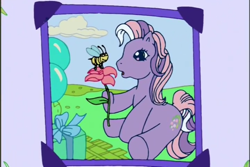 Size: 720x480 | Tagged: safe, screencap, wysteria, bee, earth pony, insect, pony, a charming birthday, g3, balloon, birthday book, cloud, female, flower, hoof hold, looking at something, mare, open mouth, outdoors, ponyville surprise birthday book, present, scrapbook, sitting, solo