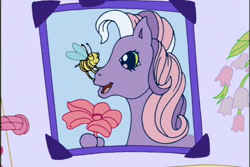 Size: 720x480 | Tagged: safe, screencap, wysteria, bee, earth pony, insect, pony, a charming birthday, g3, birthday book, female, flower, insect on nose, mare, open mouth, open smile, ponyville surprise birthday book, scrapbook, smiling, solo