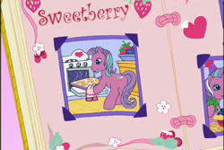 Size: 720x480 | Tagged: safe, screencap, sweetberry, earth pony, pony, a charming birthday, g3, birthday book, cookie, cutie mark, female, food, grin, hoof hold, mare, oven, ponyville surprise birthday book, scrapbook, smiling, solo focus, strawberry, text, towel