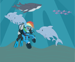 Size: 4535x3780 | Tagged: safe, rainbow dash, dolphin, fish, pegasus, whale, air tank, animal, bubble, dive mask, drysuit, flippers (gear), goggles, hose, oxygen tank, sand, scuba diving, scuba gear, swimming, underwater, water
