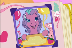 Size: 720x480 | Tagged: safe, screencap, sweetberry, earth pony, pony, a charming birthday, g3, baking, balloon, birthday book, blueberry, dough, female, flour, flour sack, food, heart, hoof hold, mare, open mouth, open smile, ponyville surprise birthday book, rolling pin, scrapbook, smiling, solo, strawberry