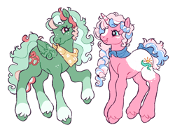 Size: 2048x1538 | Tagged: safe, artist:cocopudu, oc, oc only, oc:morning glory, oc:seasalt spray, pegasus, pony, unicorn, g2, ascot, bandana, blaze (coat marking), blue bow, blue eyes, body freckles, bow, braid, braided ponytail, coat markings, colored, colored hooves, colored horn, commission, couple, curly mane, curly tail, duo, duo female, eyebrows, eyebrows visible through hair, eyelashes, facial markings, female, flat colors, folded wings, freckles, green coat, horn, lesbian, long legs, long mane, long tail, looking at each other, looking at someone, mare, multicolored mane, multicolored tail, neckerchief, oc x oc, open mouth, open smile, pegasus oc, pink coat, pink eyes, ponytail, profile, raised hooves, shipping, signature, simple background, small wings, smiling, smiling at each other, socks (coat markings), standing, starry eyes, style emulation, tail, tail bow, tied mane, tied tail, unicorn horn, unicorn oc, unshorn fetlocks, wall of tags, watermark, white background, wing fluff, wing freckles, wingding eyes, wings