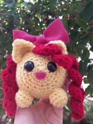 Size: 3000x4000 | Tagged: safe, artist:casquitos kawaii, apple bloom, earth pony, pony, g4, :d, amigurumi, craft, crochet, hand, handmade, irl, open mouth, open smile, photo, plushie, pony plushie, smiling, solo