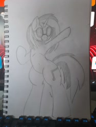 Size: 3000x4000 | Tagged: safe, artist:kenzie, derpibooru exclusive, dj pon-3, vinyl scratch, pony, g4, background pony, belly button, bipedal, black and white, grayscale, human shoulders, monochrome, pencil drawing, ribcage, signature, simple background, simple shading, sketch, smiling, sunglasses, sunglasses on head, traditional art, vibing, vinyl's glasses