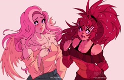 Size: 1798x1155 | Tagged: safe, artist:l4zy_4le, fluttershy, human, bare shoulders, breasts, busty fluttershy, cleavage, clothes, crossover, duo, duo female, female, flaky, happy tree friends, humanized, jewelry, lipstick, necklace, off shoulder, off shoulder sweater, pink background, simple background, sweater, winged humanization, wings