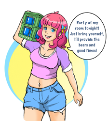 Size: 2146x2391 | Tagged: safe, artist:carpdime, pinkie pie, earth pony, human, g4, alcohol, beer, clothes, denim, denim shorts, humanized, party, shorts, solo